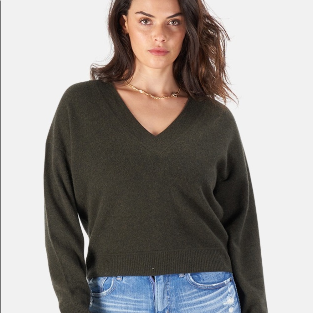 NWT Naadam Deep V-Neck Cashmere Pullover Sweater Moss Green